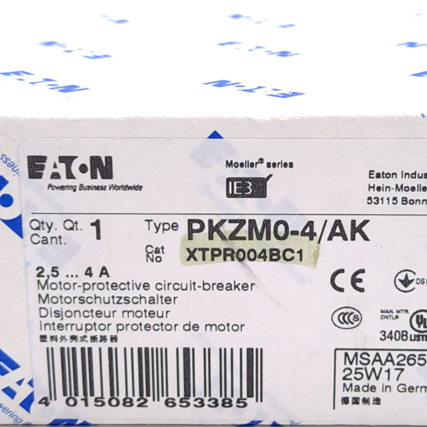 New Eaton PKZM0-4/AK XTPR004BC1 Motor Protective Circuit Breaker, 3-Pole, 2.5-4A
