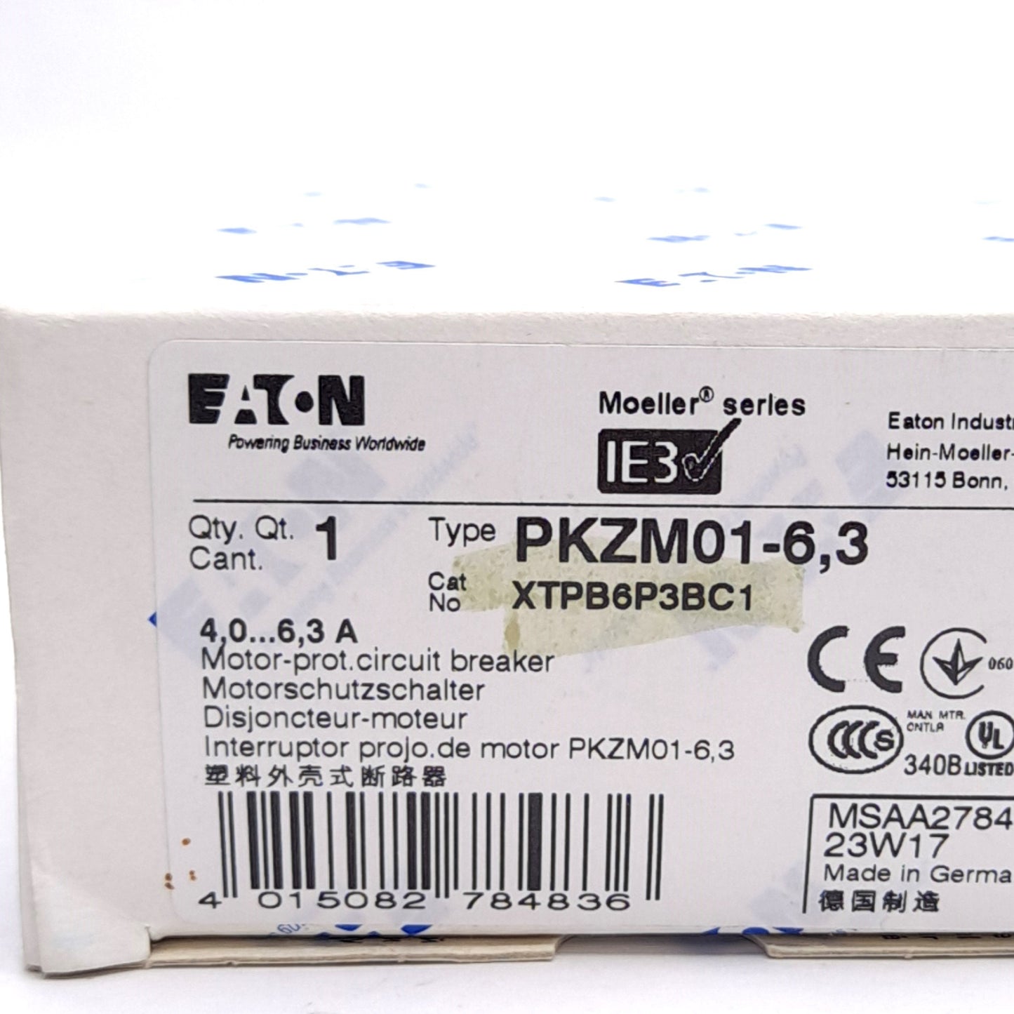 New Eaton PKZM01-6,3 XTPB6P3BC1 Motor Protective Circuit Breaker, 3-Pole, 4-6.3A