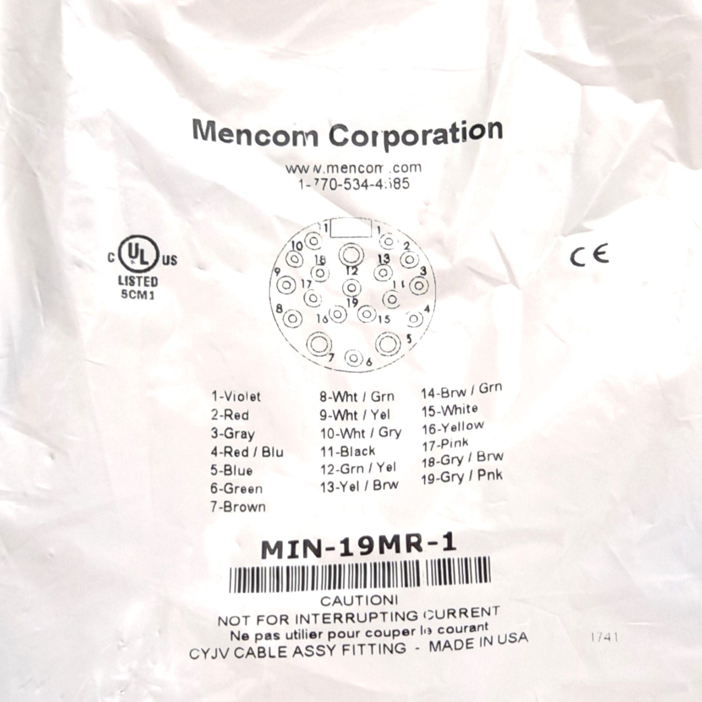 New Mencom MIN-19MR-1 Receptacle, MIN Size III, 19-Pin Male Connector, 18 & 22 AWG