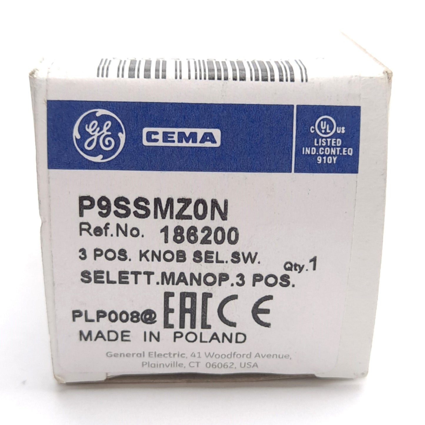 New General Electric P9SSMZ0N 186200 Knob Selector Switch, 3-Positions Fixed