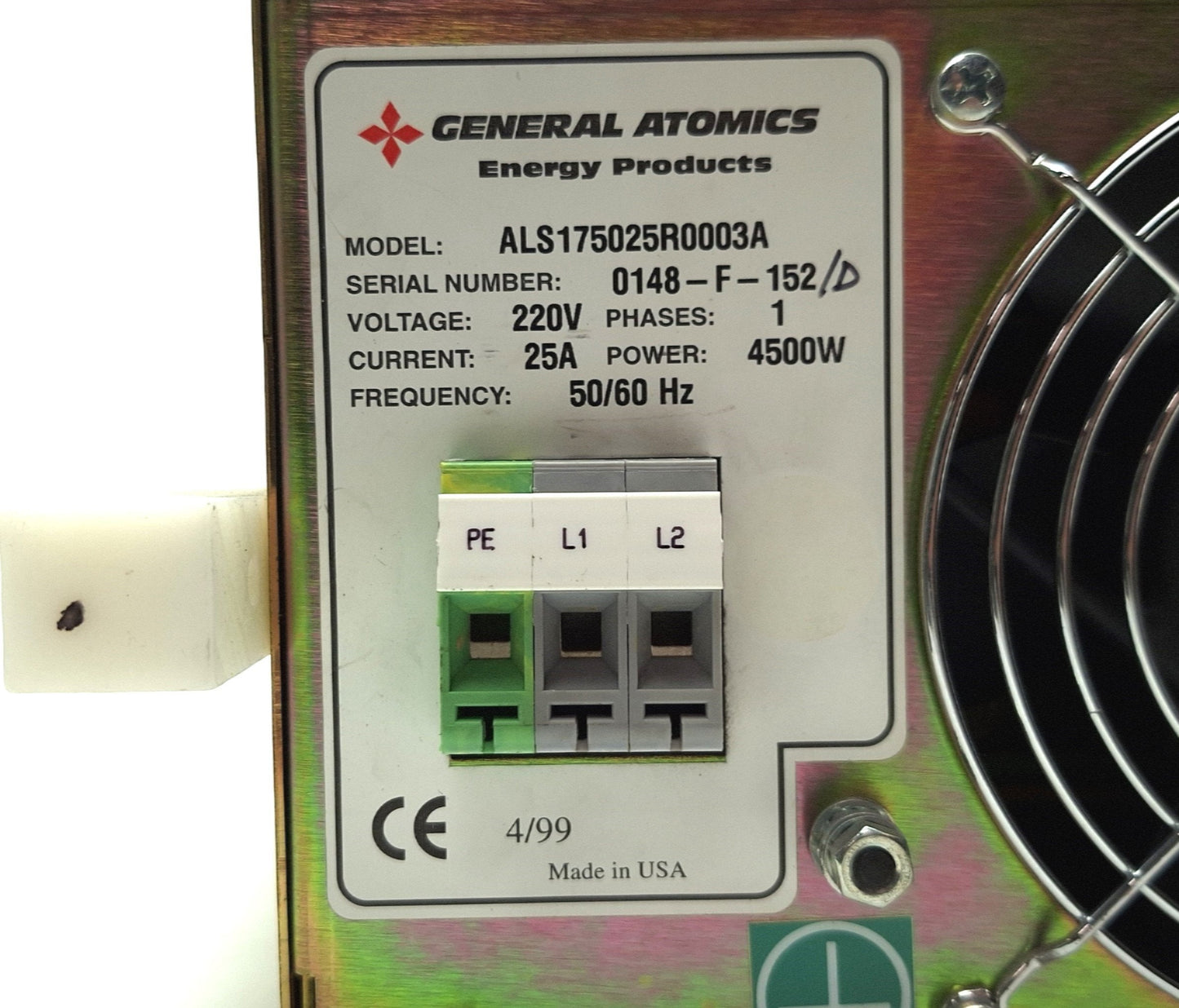 Used General Atomics ALS175025R0003A LASER Power Supply, 4.5kW, 1PH 220VAC 25A