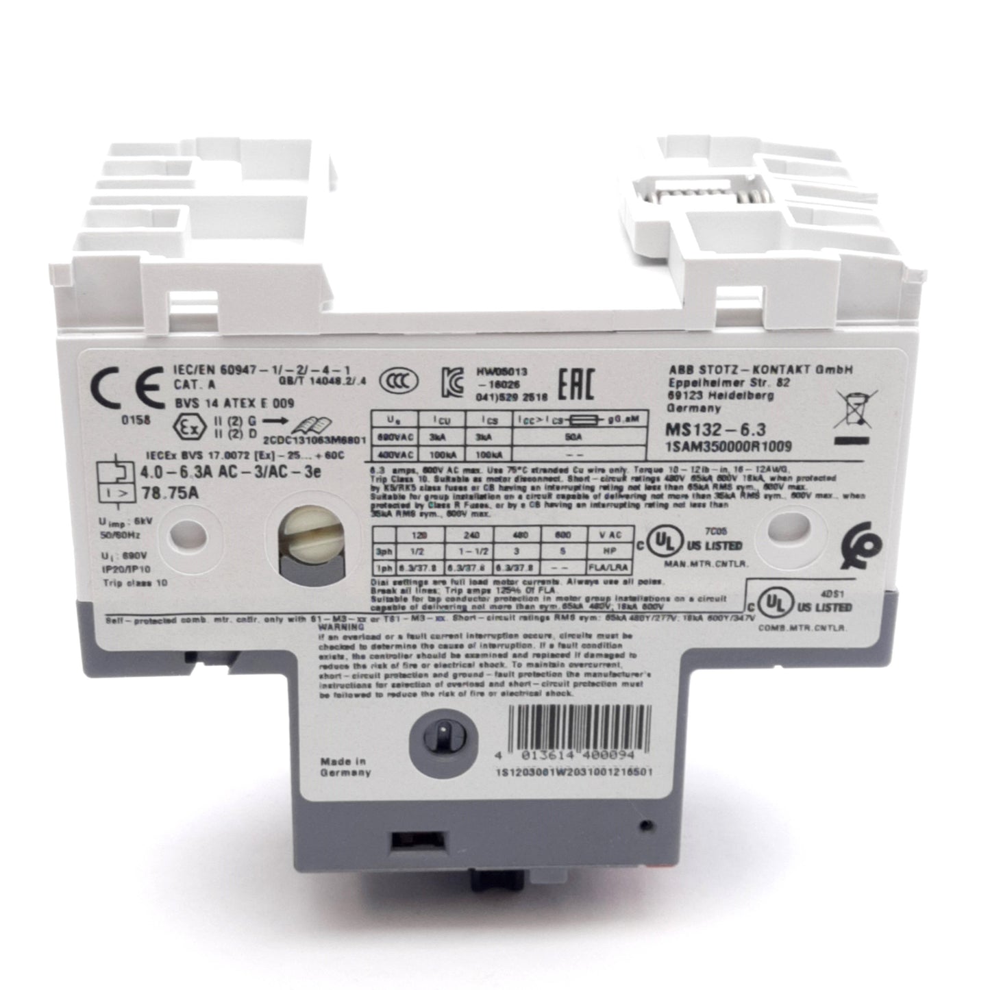 New ABB MS132-6.3 Manual Motor Starter, 3-Pole, 690VAC/250VDC, 4.0-6.3A, DIN Rail