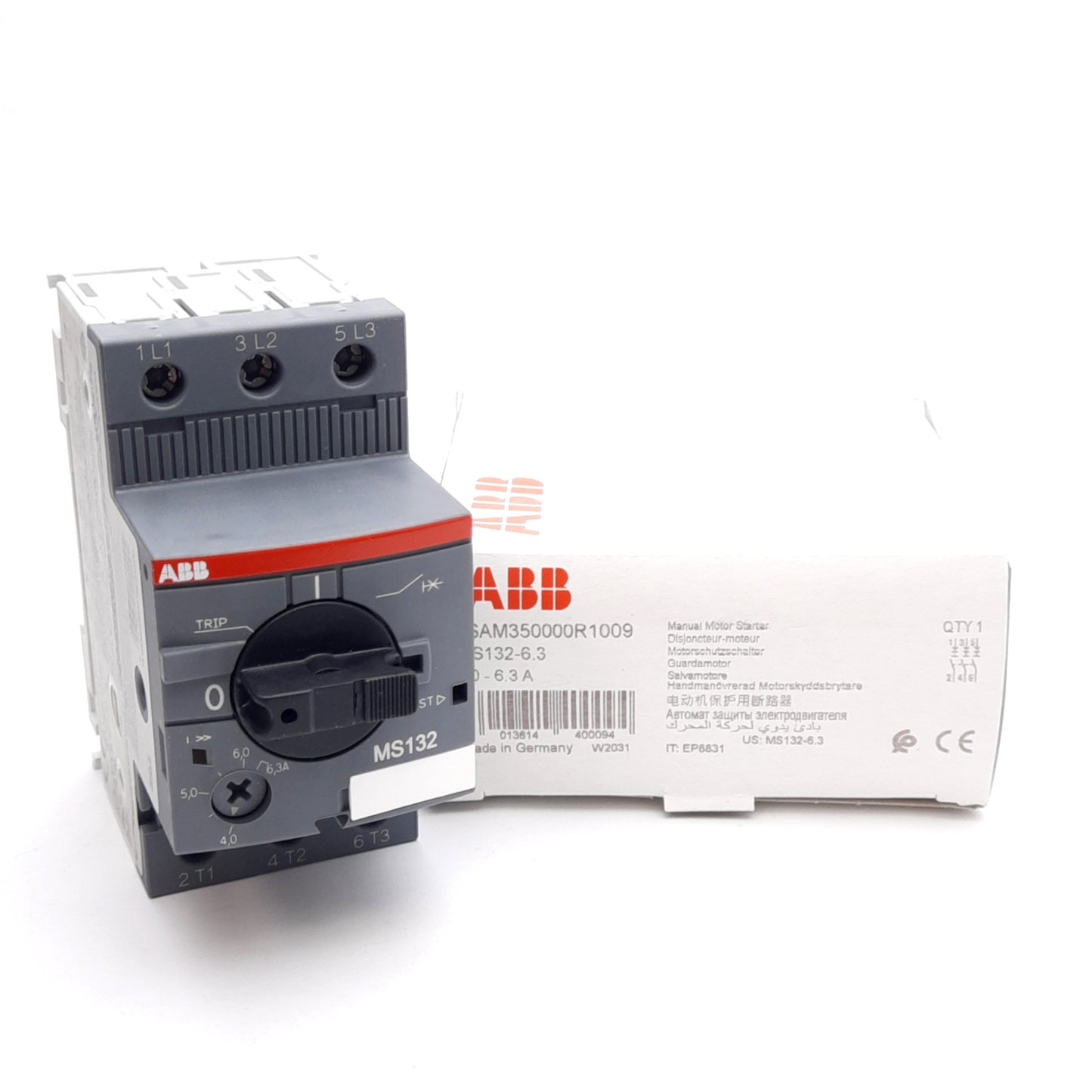 New ABB MS132-6.3 Manual Motor Starter, 3-Pole, 690VAC/250VDC, 4.0-6.3A, DIN Rail
