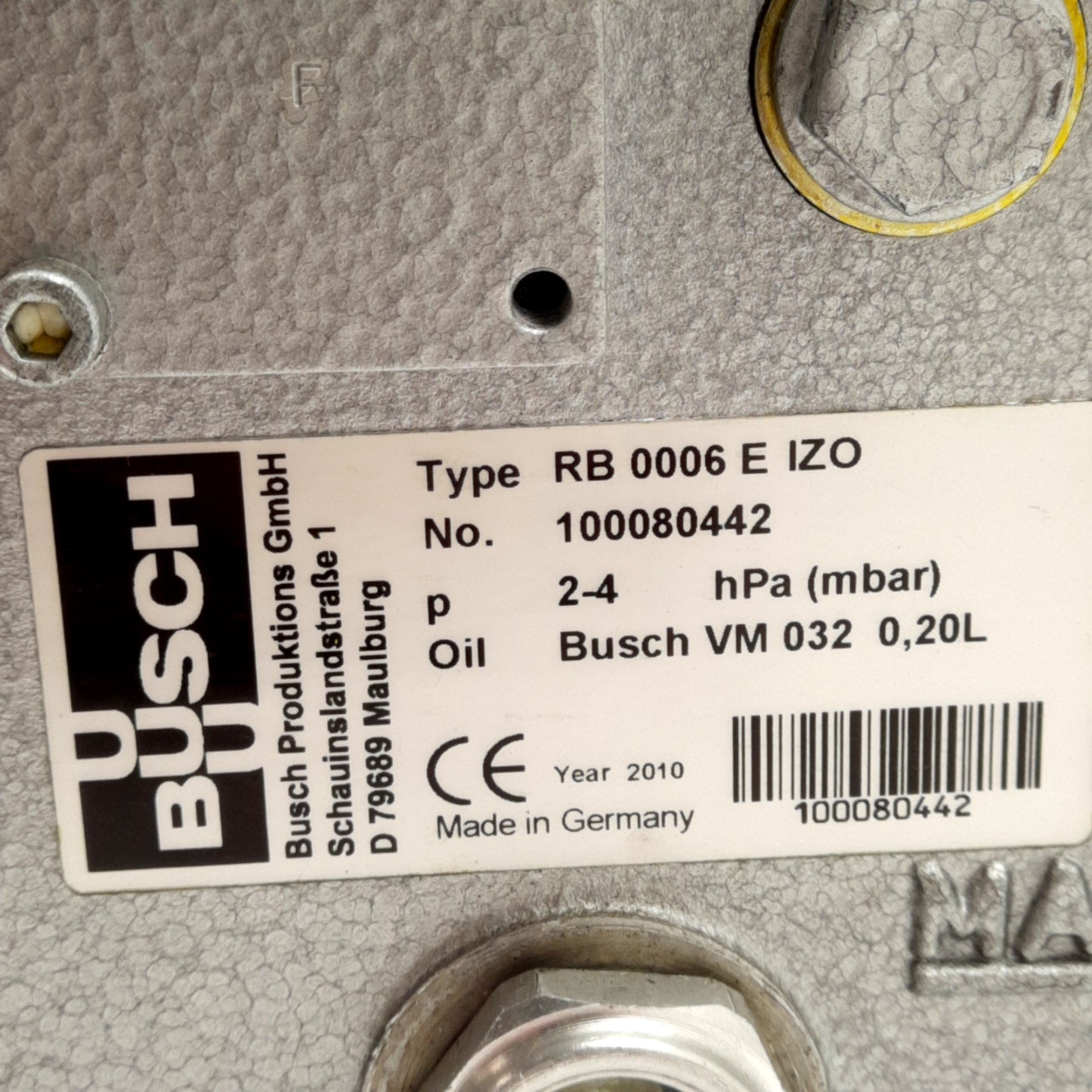 Used Busch RB 0006 E IZO Vacuum Pump, 3/8in NPT Port, 2-4hPa, 3300RPM, 100V, 0.55kW