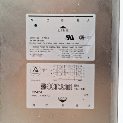 Used Corcom 20AYT6C F7474 3-Phase EMI/EMC Line Filter 440VAC 20 Amp 50-60Hz