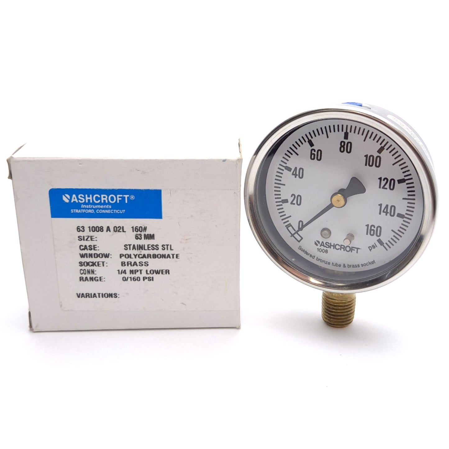 Used Ashcroft 63 1008 A 02L 160# Pressure Gauge, ø63mm, 0-160psi, 1/4in NPT