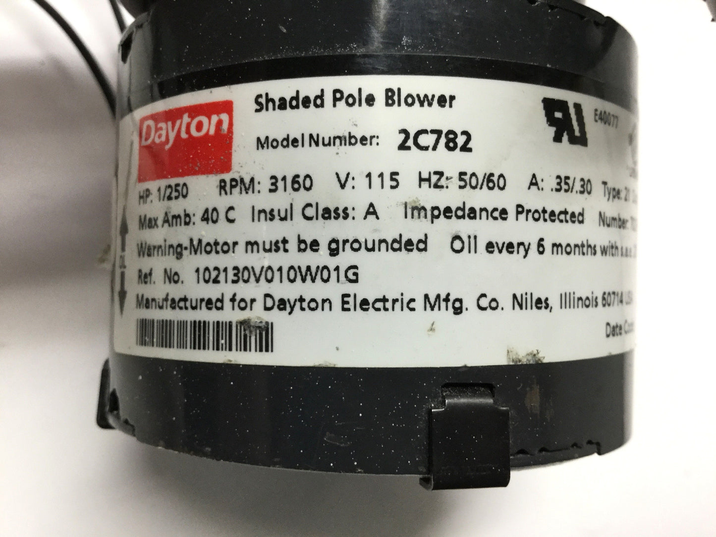 Used Dayton 2C782 Centrifugal Fan Ø1.25" Blower Motor 115VAC, 3160RPM, 1/250HP