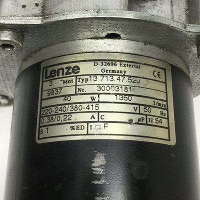 Used Lenze 13.713.47.520 3-Phase Motor 220-240/380-415VAC 50Hz, 160:1 Gear Ratio