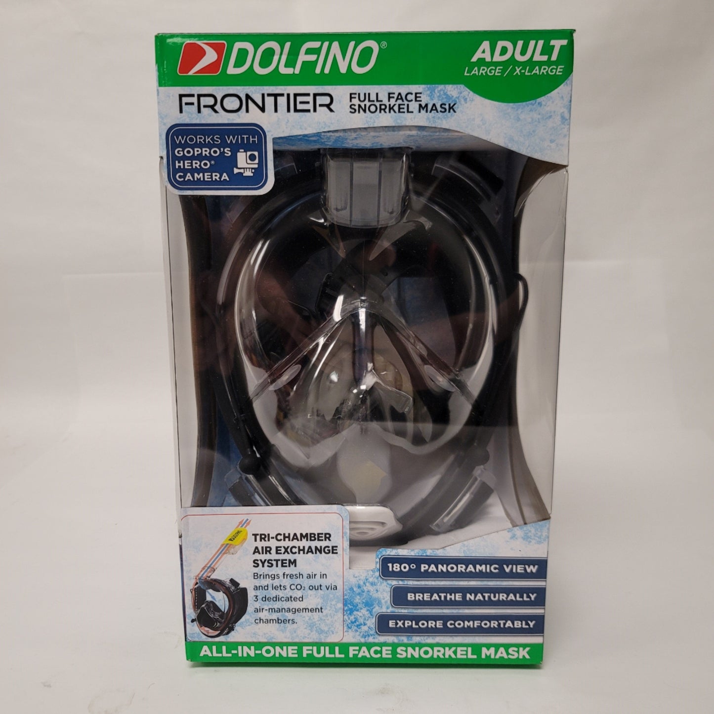 New Dolfino WMM17478LBK Frontier All-In-One Full Face Snorkel Mask Adult L/XL