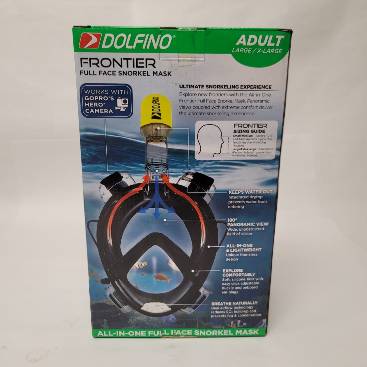 New Dolfino WMM17478LBK Frontier All-In-One Full Face Snorkel Mask Adult L/XL