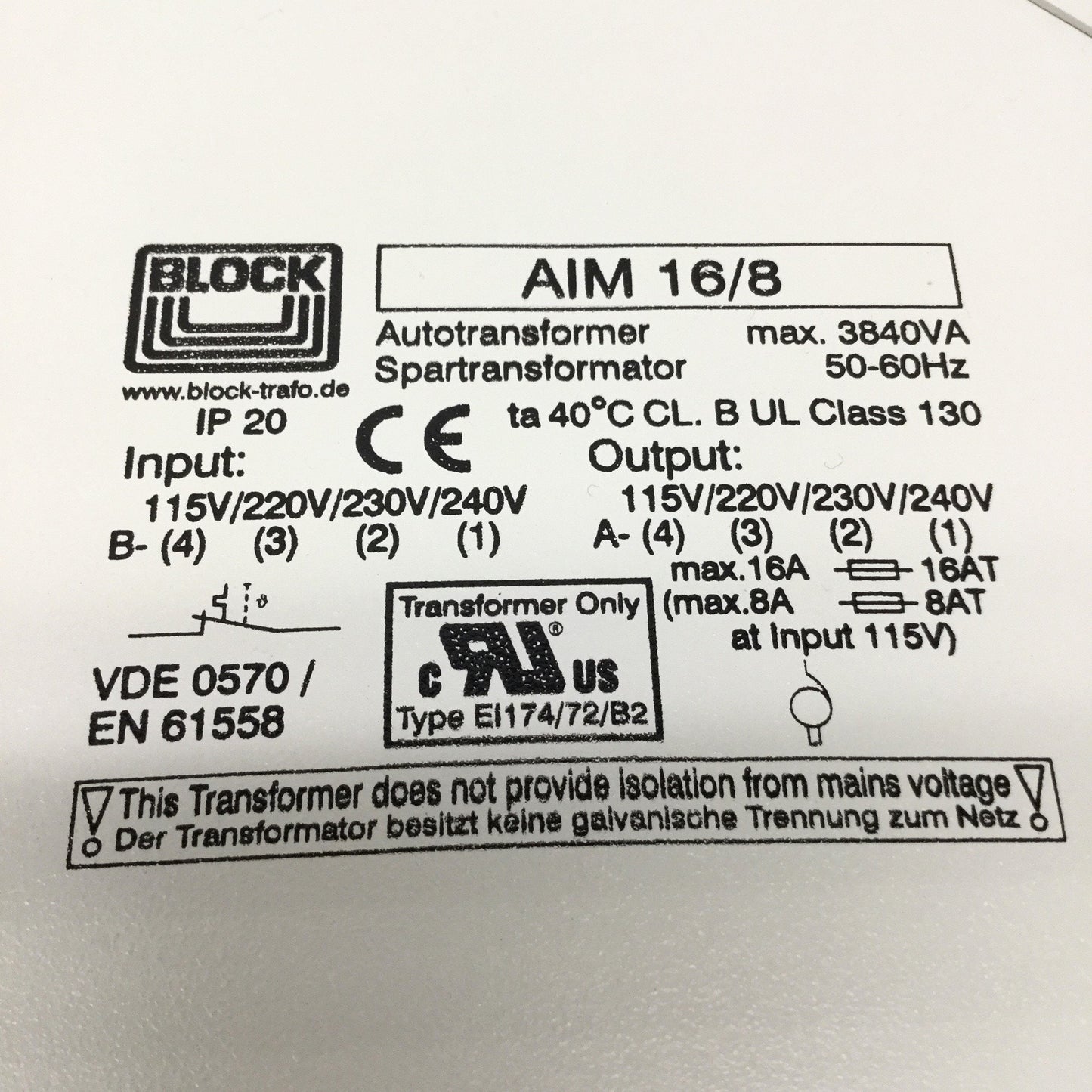 Used Block AIM 16/8 Autotransformer, 1-PH, 115/220/230/240VAC Pri/Sec, 8-16A, 3840VA