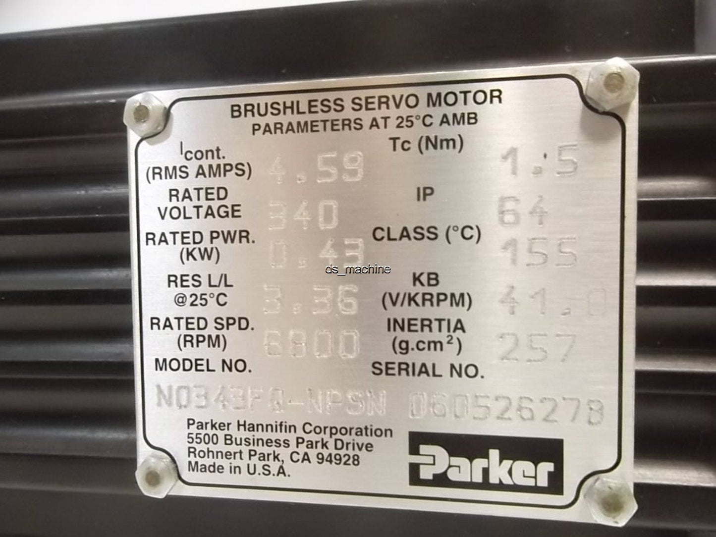 Used Parker N0343FQ-NPSN Brushless Servo Motor 340V, 4.59A, 6800RPM, NEMA-34, 1/2"-OD