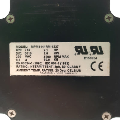 New – Open box Parker MPM1141RM-1227 Servo Motor, 2.1HP, 19.9mm Shaft, 3PH 230VAC, 114mm Frame