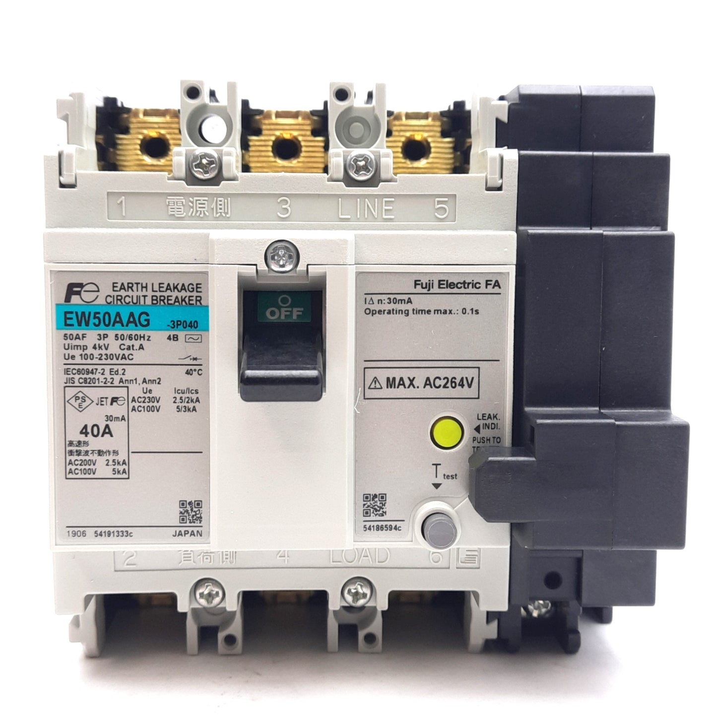 New Fuji Electric EW50AAG-3P040 Earth Leakage Circuit Breaker 3-Pole 100-230VAC 40A