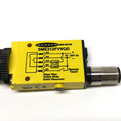 New – Open box Banner SME312FVWQD Mini-Beam Expert Fiber Optic Amplifier, 10-30VDC, White LED