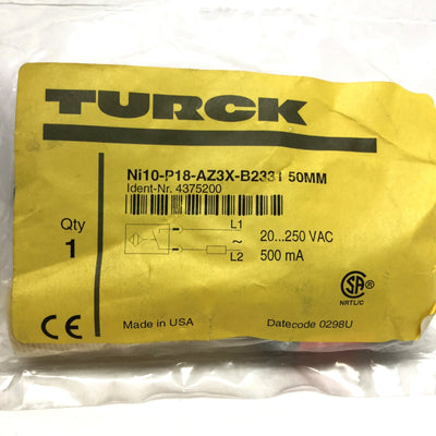 New Turck Ni10-P18-AZ3X-B2331 Inductive Proximity Sensor, 10mm, 20-250VAC 500mA