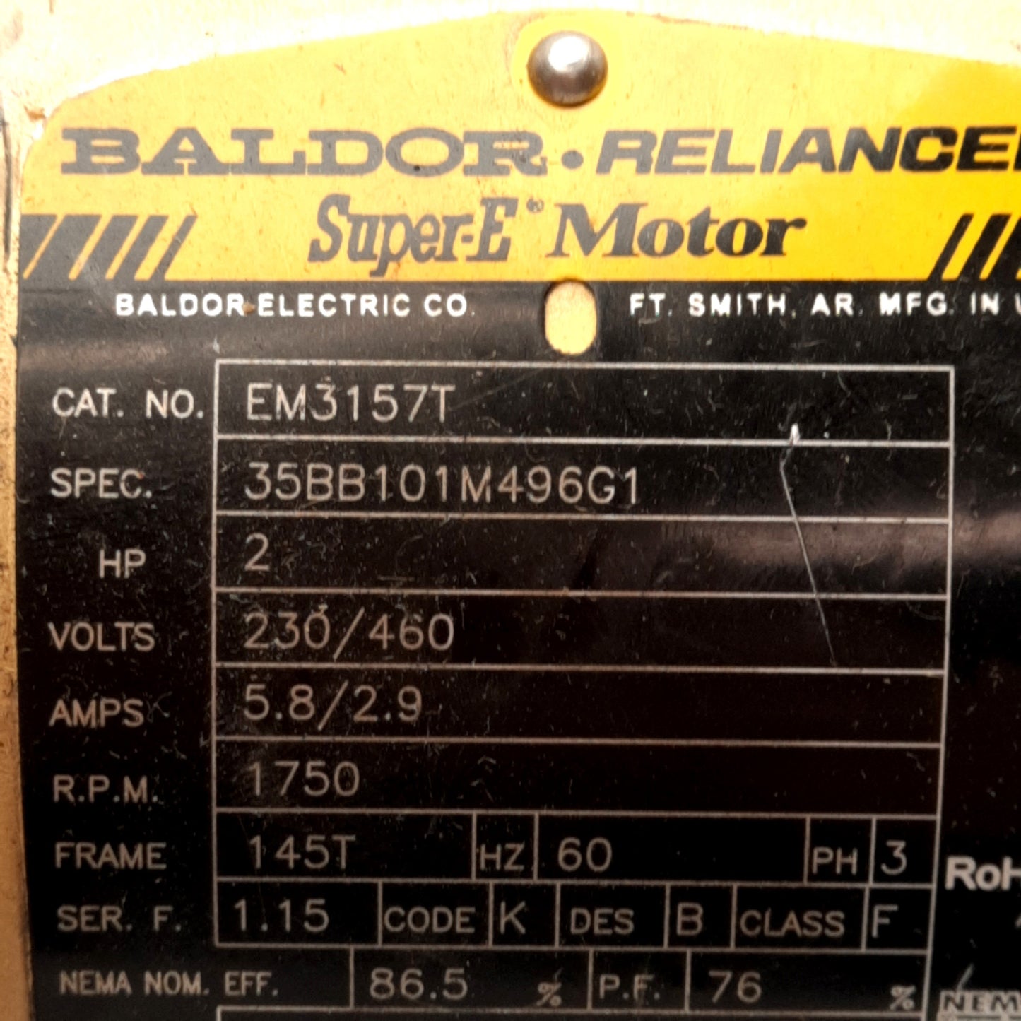 Used Baldor EM3157T AC Motor, 3PH 230/460VAC, 1750RPM, 2HP, ø22mm Shaft, 145T Frame
