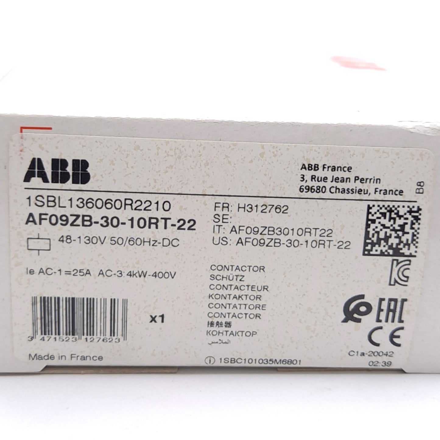 New ABB AF09ZB-30-10RT-22 Contactor, 3-Pole, 600VAC 25A Contact, 48-130VAC Coil