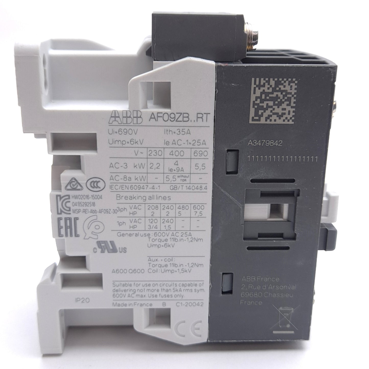 New ABB AF09ZB-30-10RT-22 Contactor, 3-Pole, 600VAC 25A Contact, 48-130VAC Coil