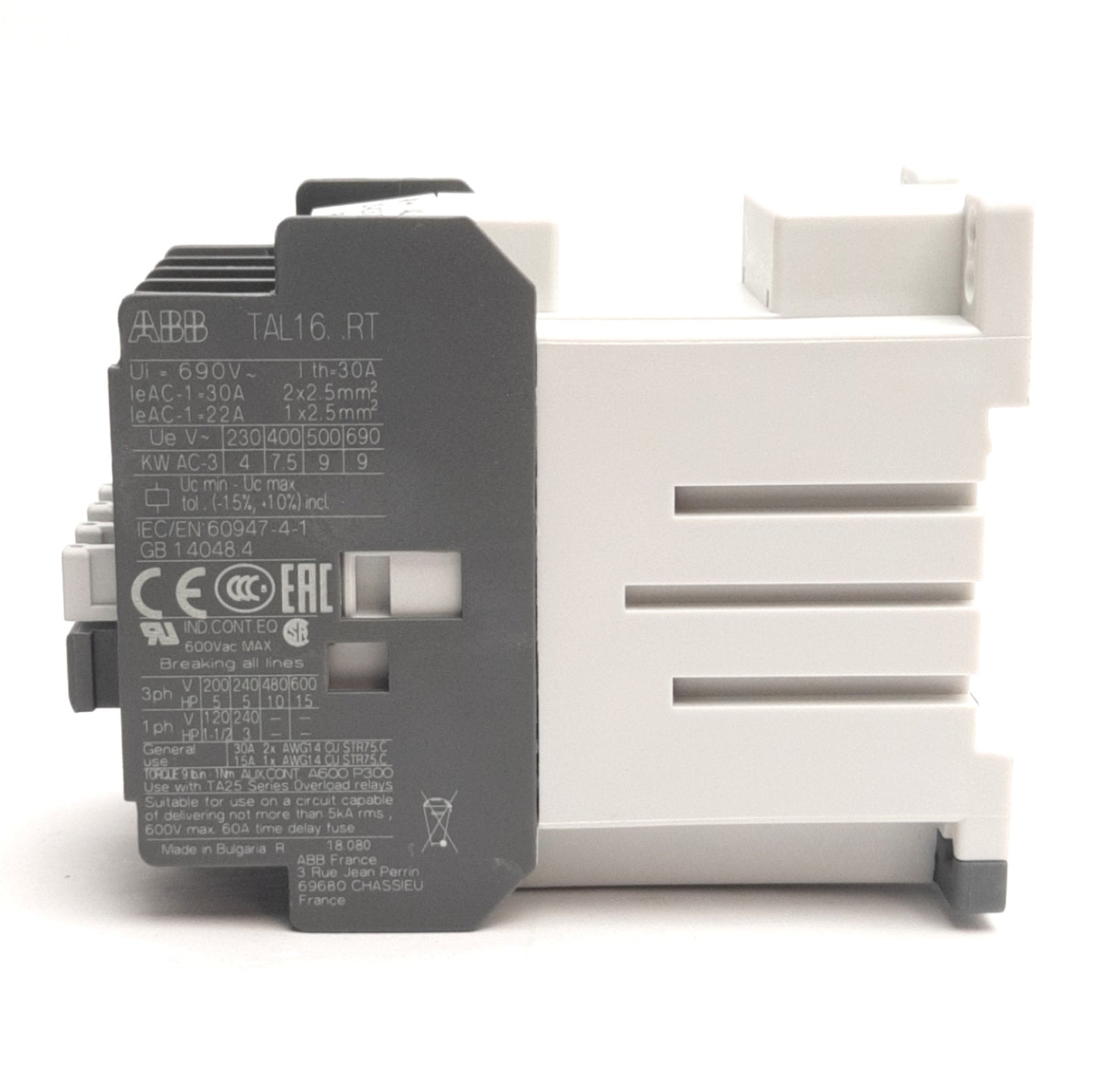 New ABB TAL16-30-10RT Contactor 3NO + NO Aux, 30A/600VAC Contact, 23-42.5VDC Coil