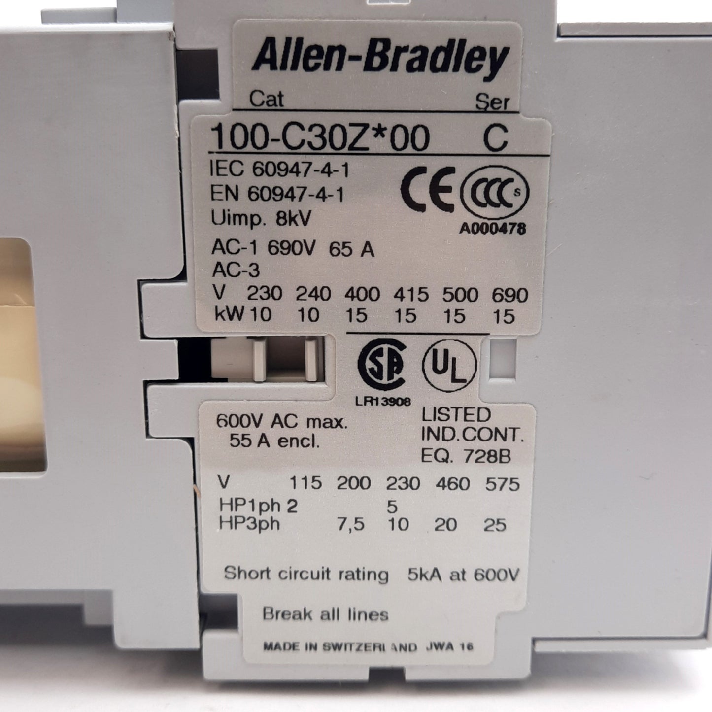 New Allen Bradley 100-C30ZJ10 Contactor, 3-Pole, N.O. Aux, 600VAC 30A, 24VDC Coil