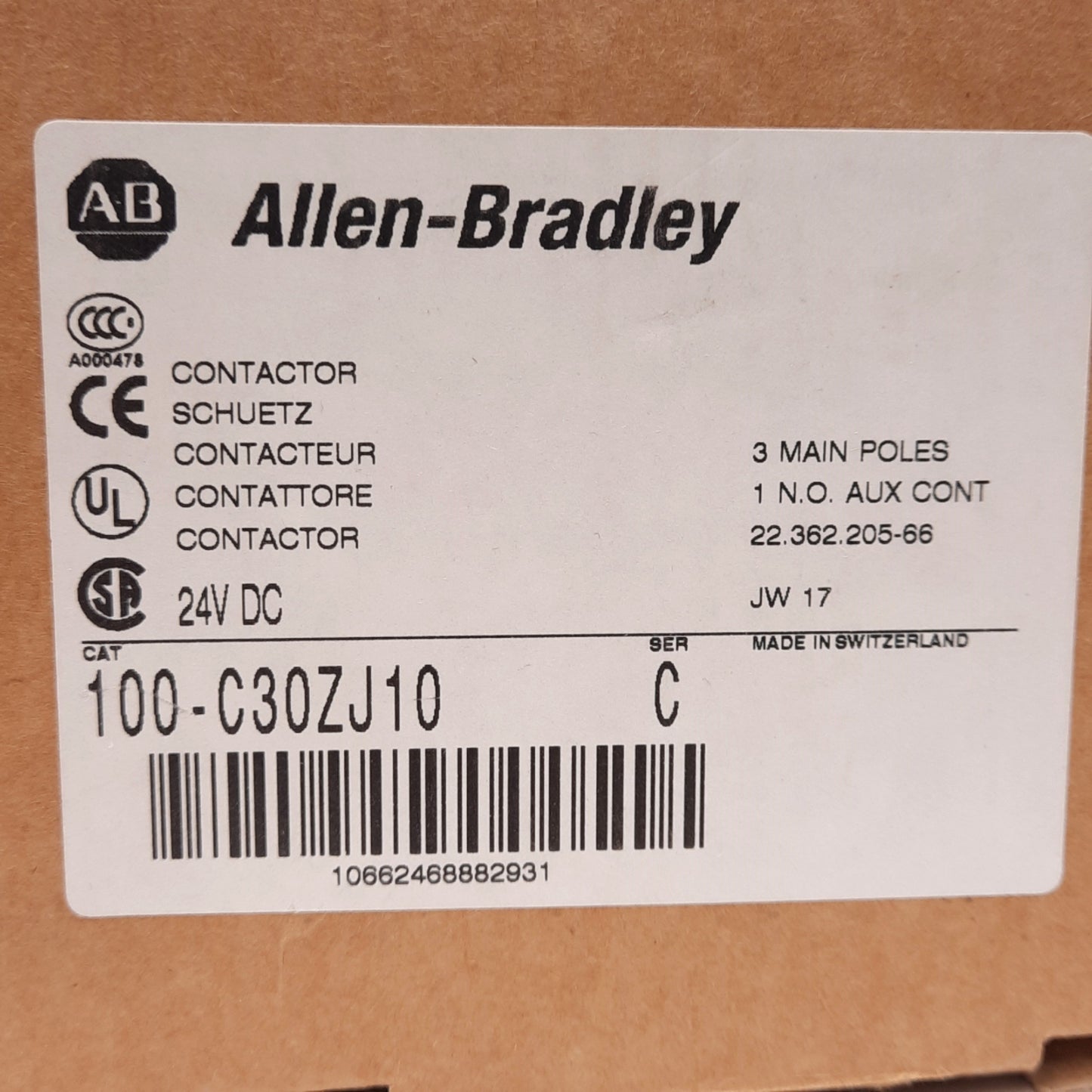 New Allen Bradley 100-C30ZJ10 Contactor, 3-Pole, N.O. Aux, 600VAC 30A, 24VDC Coil