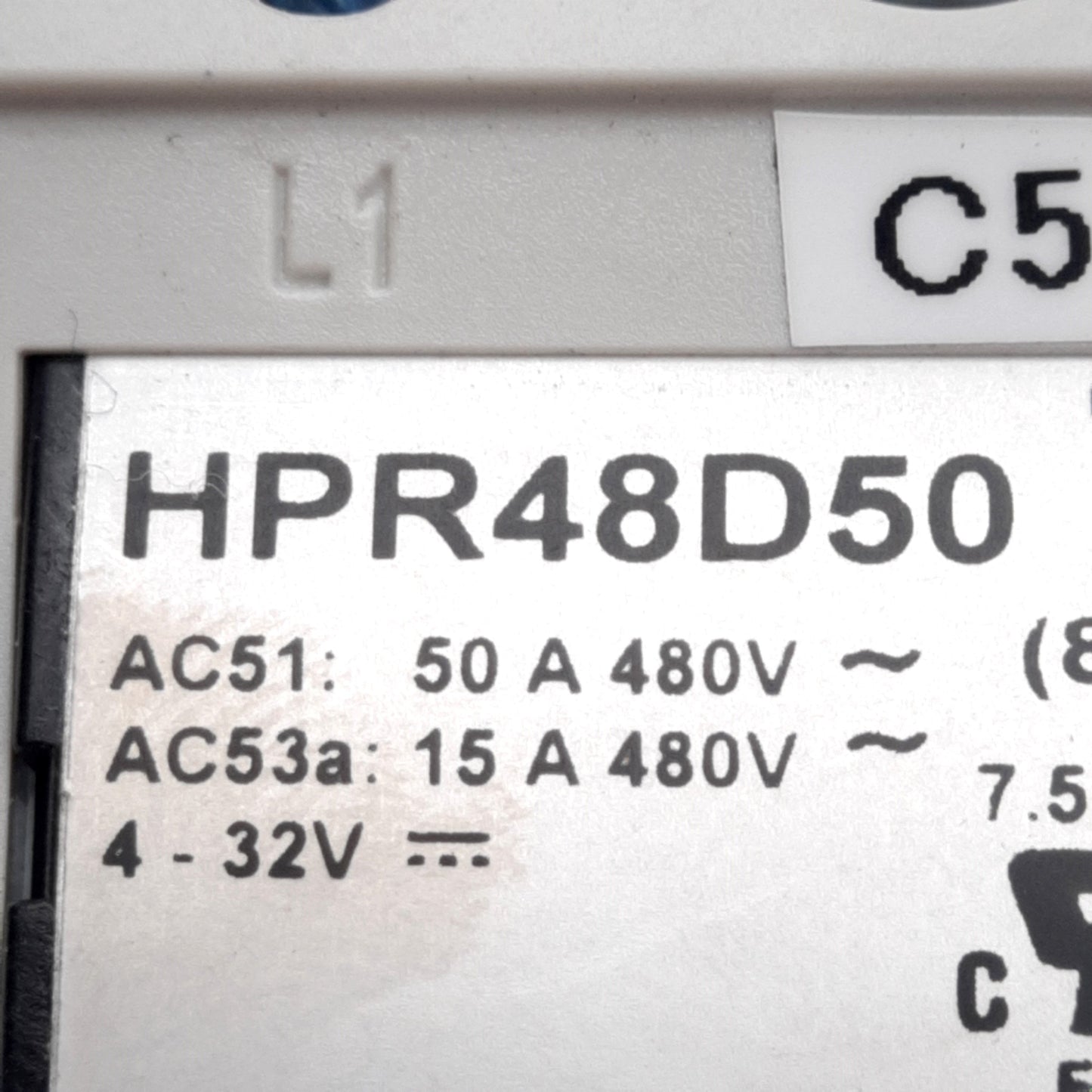 Used MDI HPR48D50 Solid State Relay, 1-Pole, 480VAC 50A, 4-32VDC Control, Screw Clamp