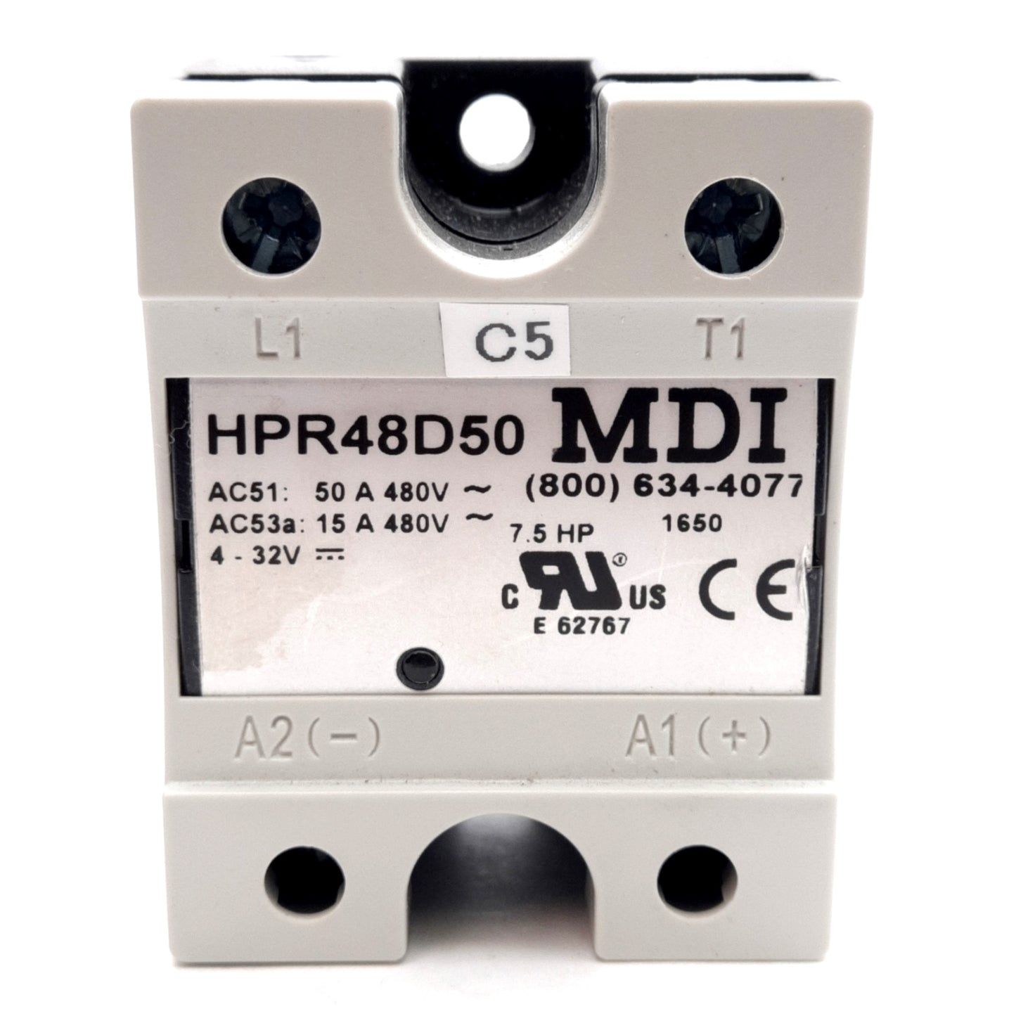 Used MDI HPR48D50 Solid State Relay, 1-Pole, 480VAC 50A, 4-32VDC Control, Screw Clamp