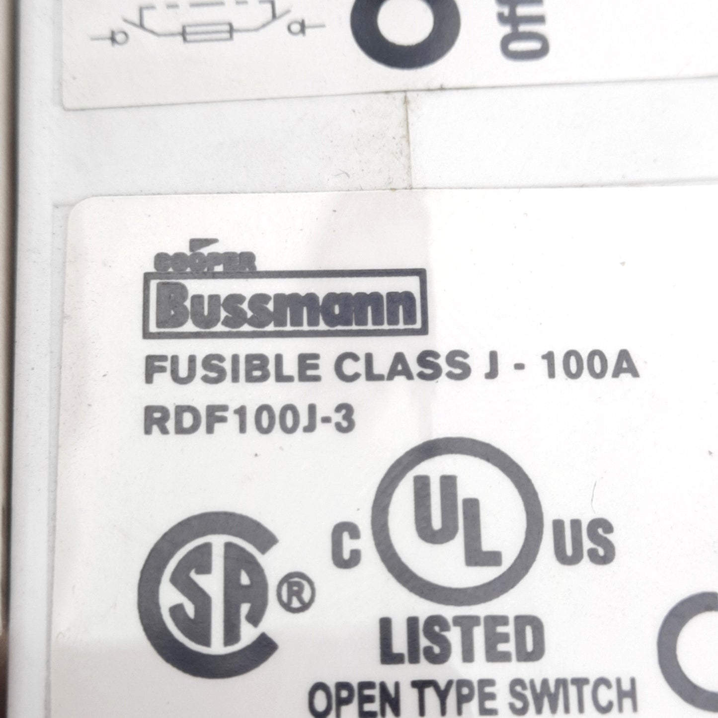 Used Bussmann RDF100J-3 Fused Disconnect Switch, Class J, 3-Pole 600VAC 100A