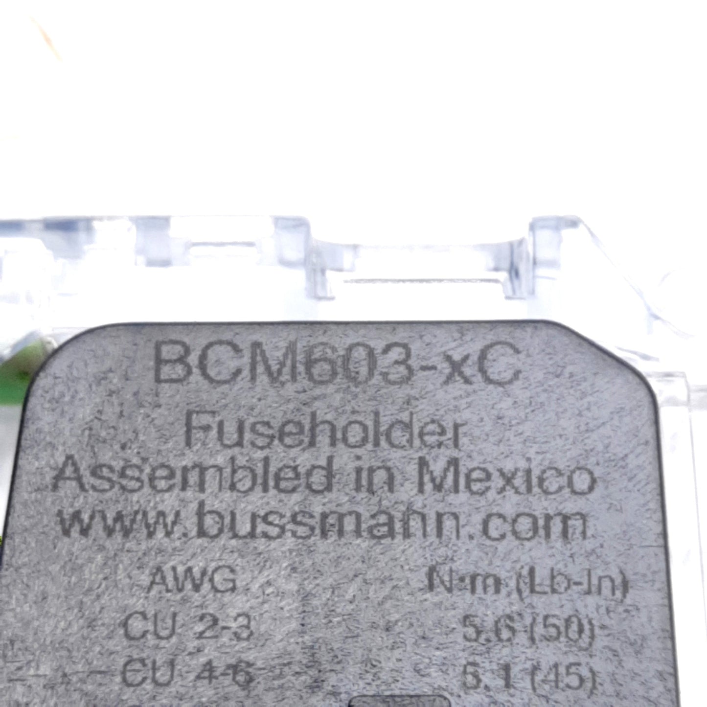 Used Bussmann BCM603-xC Class CC Stackable Fuse Block, LED, 600VAC 30A, DIN Rail