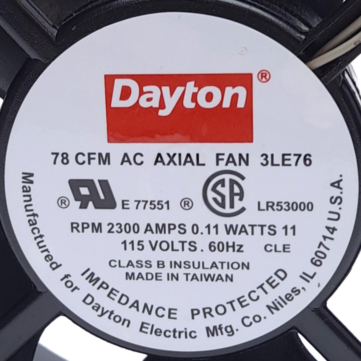 Used Dayton 3LE76 AC Axial Fan, 78 CFM, 2300 RPM, 115VAC, 4-11/16in x 4-11/16in