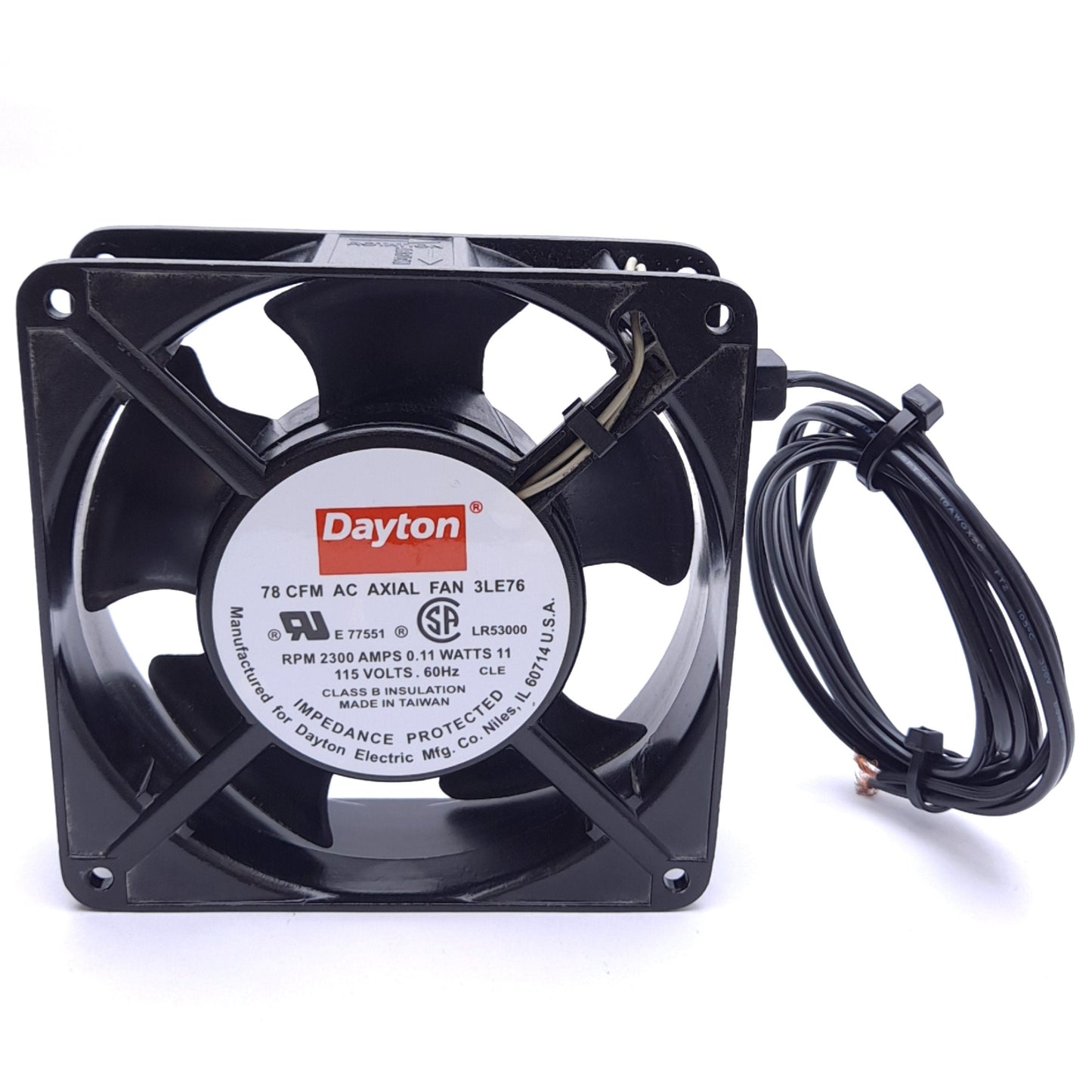 Used Dayton 3LE76 AC Axial Fan, 78 CFM, 2300 RPM, 115VAC, 4-11/16in x 4-11/16in
