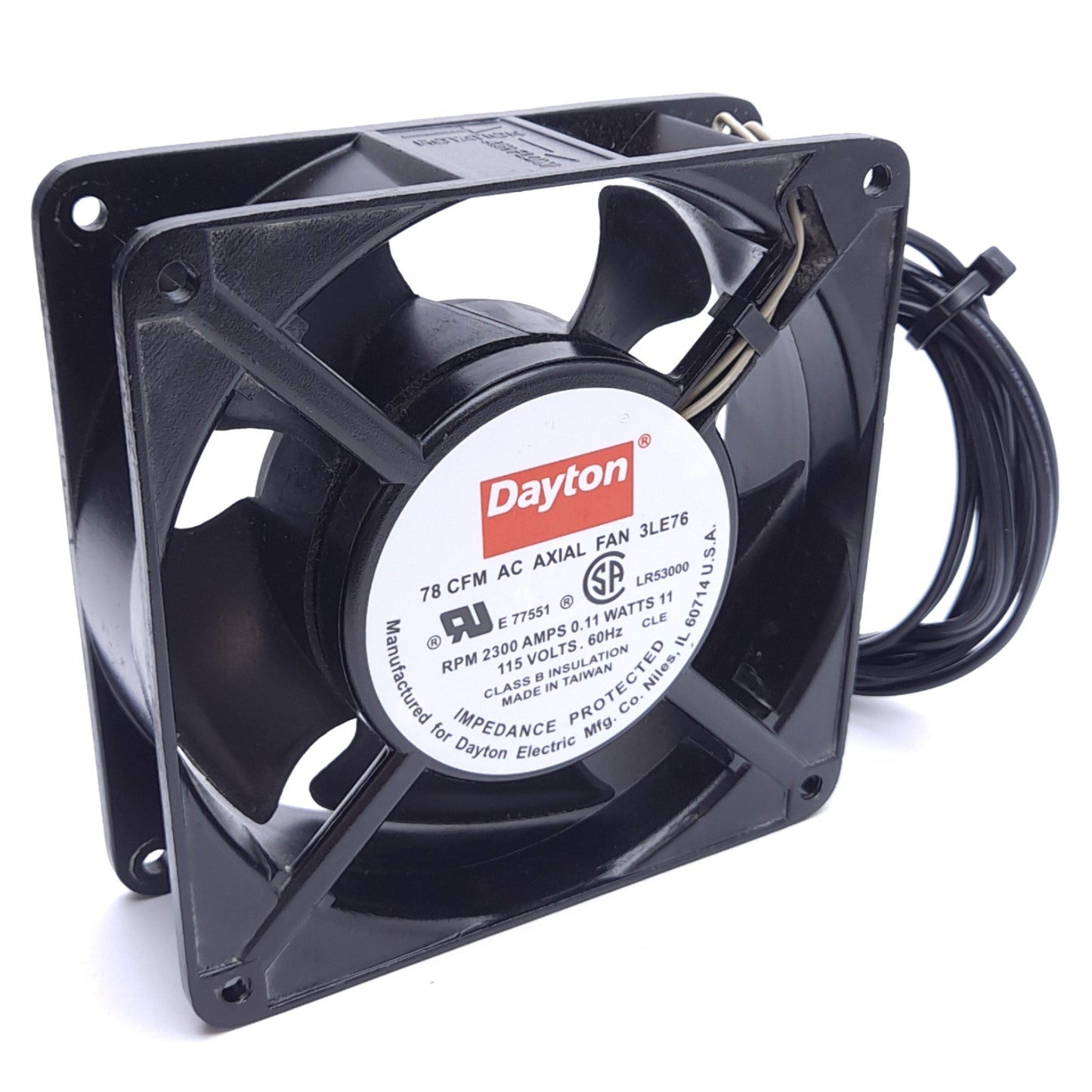 Used Dayton 3LE76 AC Axial Fan, 78 CFM, 2300 RPM, 115VAC, 4-11/16in x 4-11/16in
