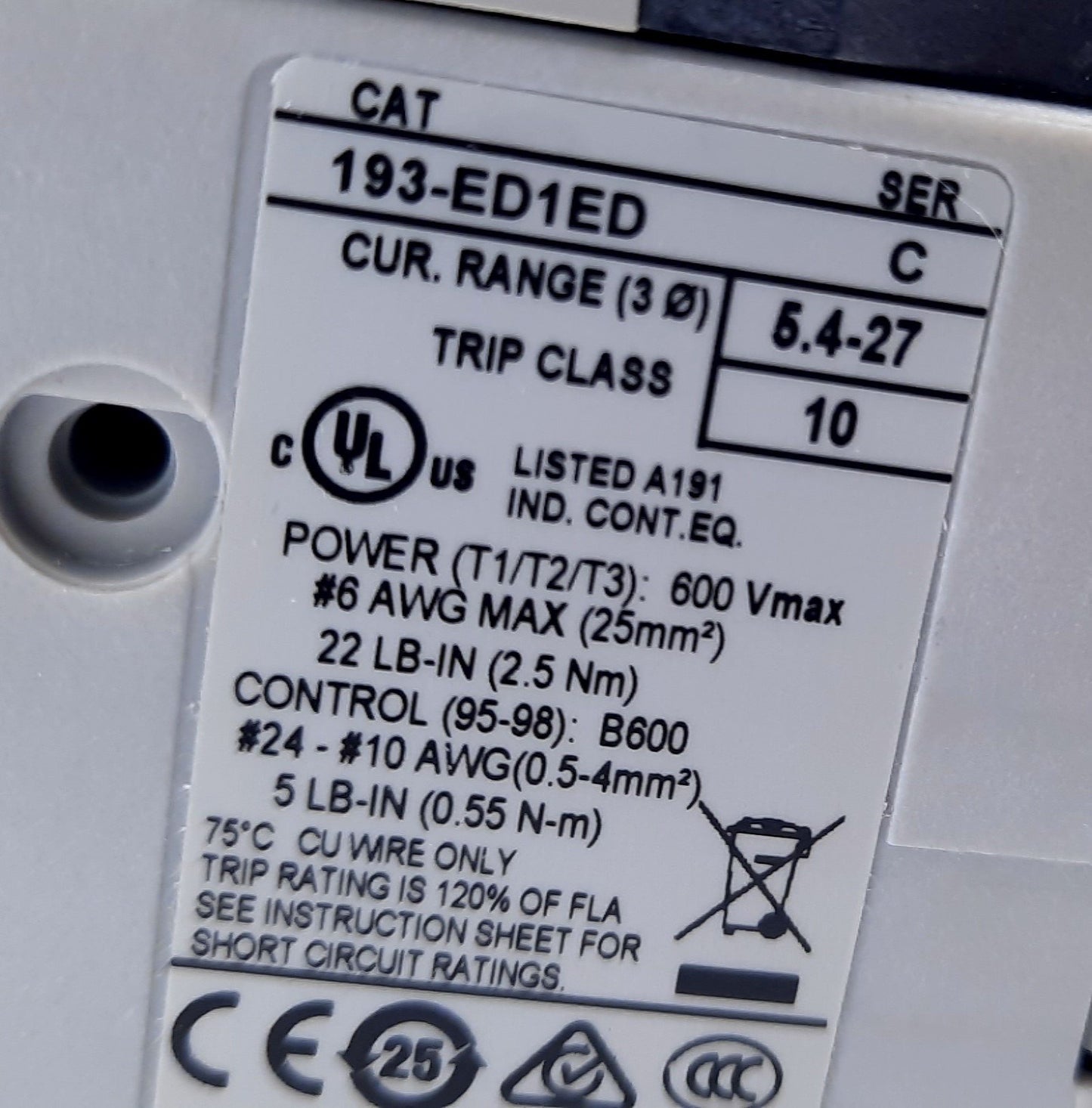 New Allen Bradley 193-ED1ED Overload Relay Fixed Class 10, 3 Phase 5.4-27A