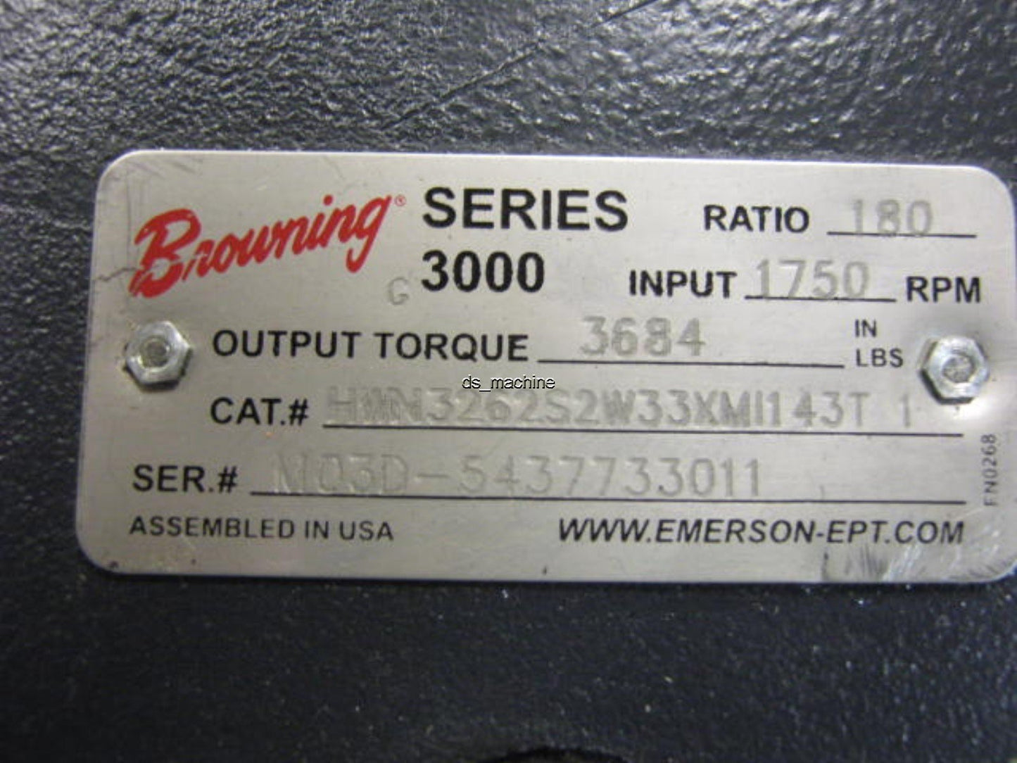 Used Browning HWN3262S2W33XMI143T1 Gearmotor 180:1 Ratio 3,684 in/lbs 1750RPM