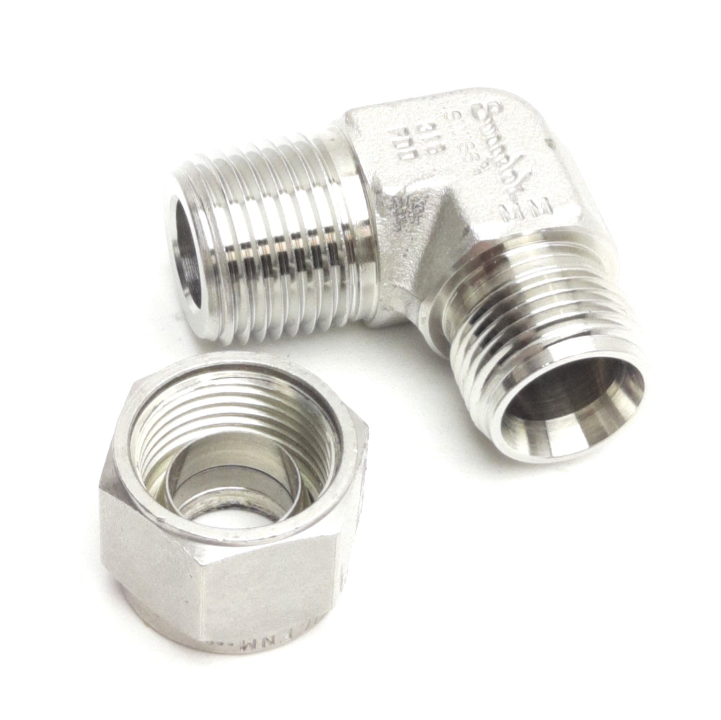 New – Open box Swagelok SS-10M0-2-6 Stainless Steel Elbow Fitting, 10mm Tube to 3/8in NPT