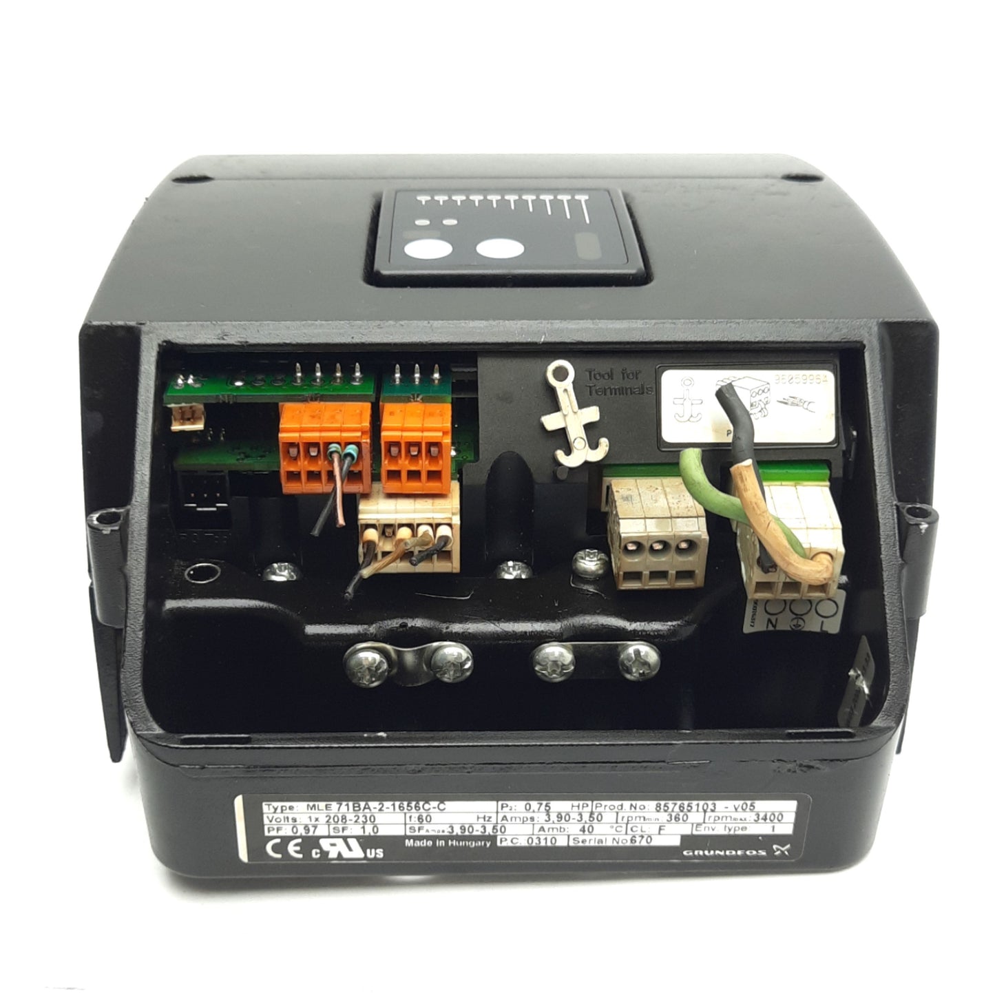Used Grundfos MLE71BA-2-1656C-C Pump Motor VFD, 208-230VAC 3.9-3.5A, 3/4HP