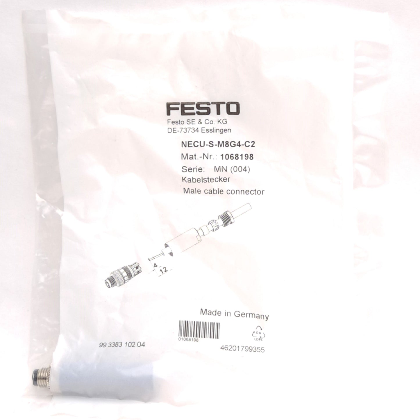New Festo NECU-S-M8G4-C2 1068198 Cable Connector, M8 4-Pin Male to Screw Terminal