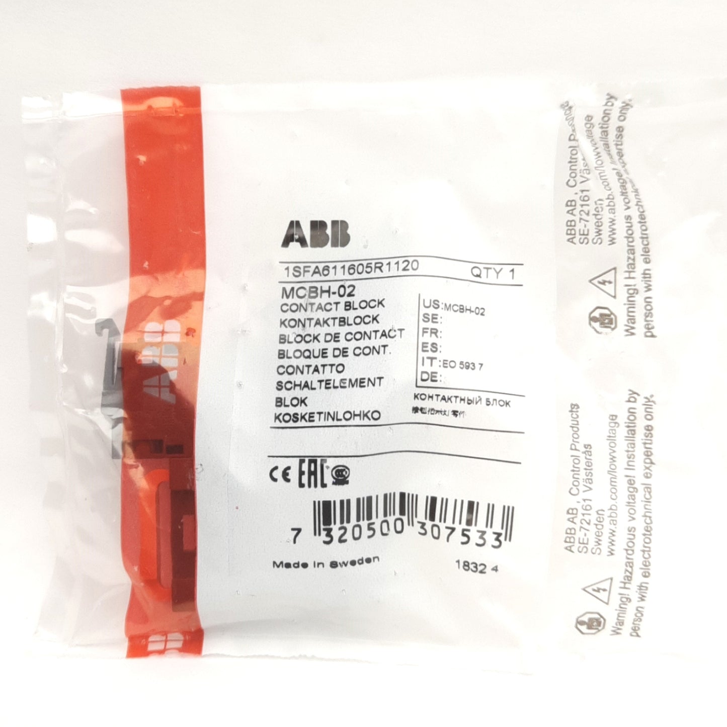 New ABB MCBH-02 Pushbutton Block & 2NC Contacts, 22mm, 690V 10A Max