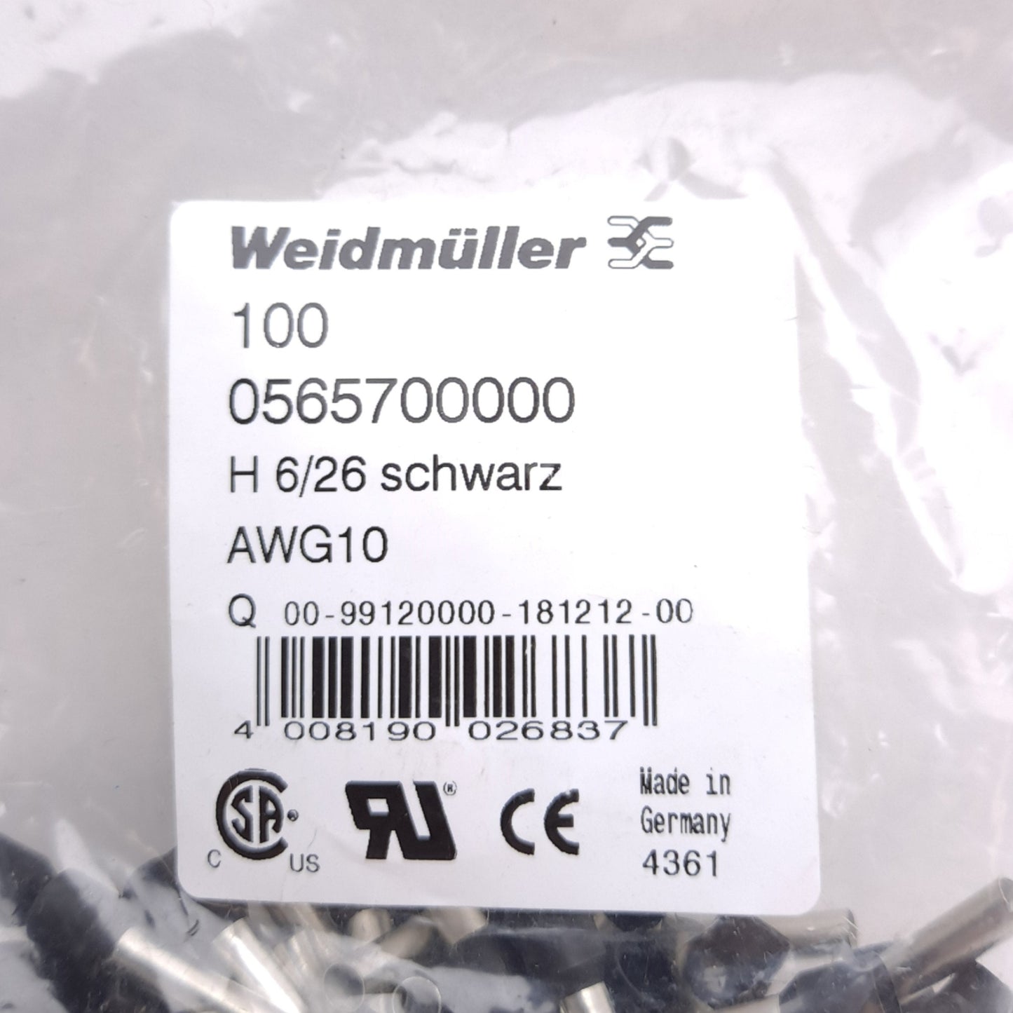 New Lot of 500 Weidmuller 0565700000 H6,0/26 SW Wire-End Ferrule, ø3.5mm Contact