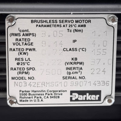 New Parker N0342ERMSG10 Brushless Servo Motor, 9.14V 3.05A, 0.72kW, 7500RPM, NEMA 34