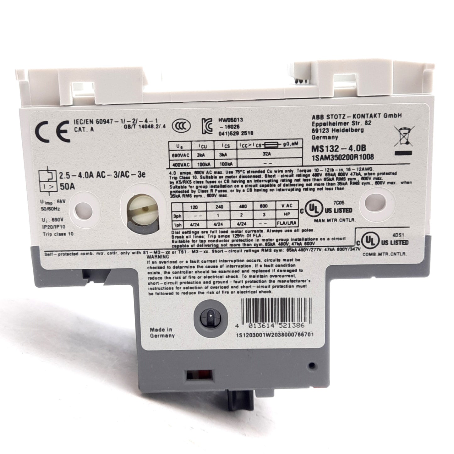 New ABB MS132-4.0B Manual Motor Starter, 3-Pole, 2.5-4.0A, 0.75-3HP, 600VAC Coil