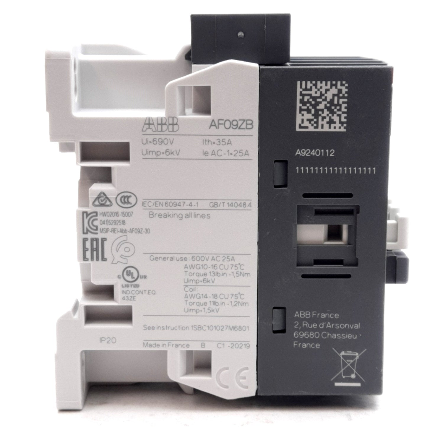 New ABB AF09ZB-22-00-22U Contactor, 4-Pole, 690VAC 25A, 48-130VAC/DC Coil, DIN Rail