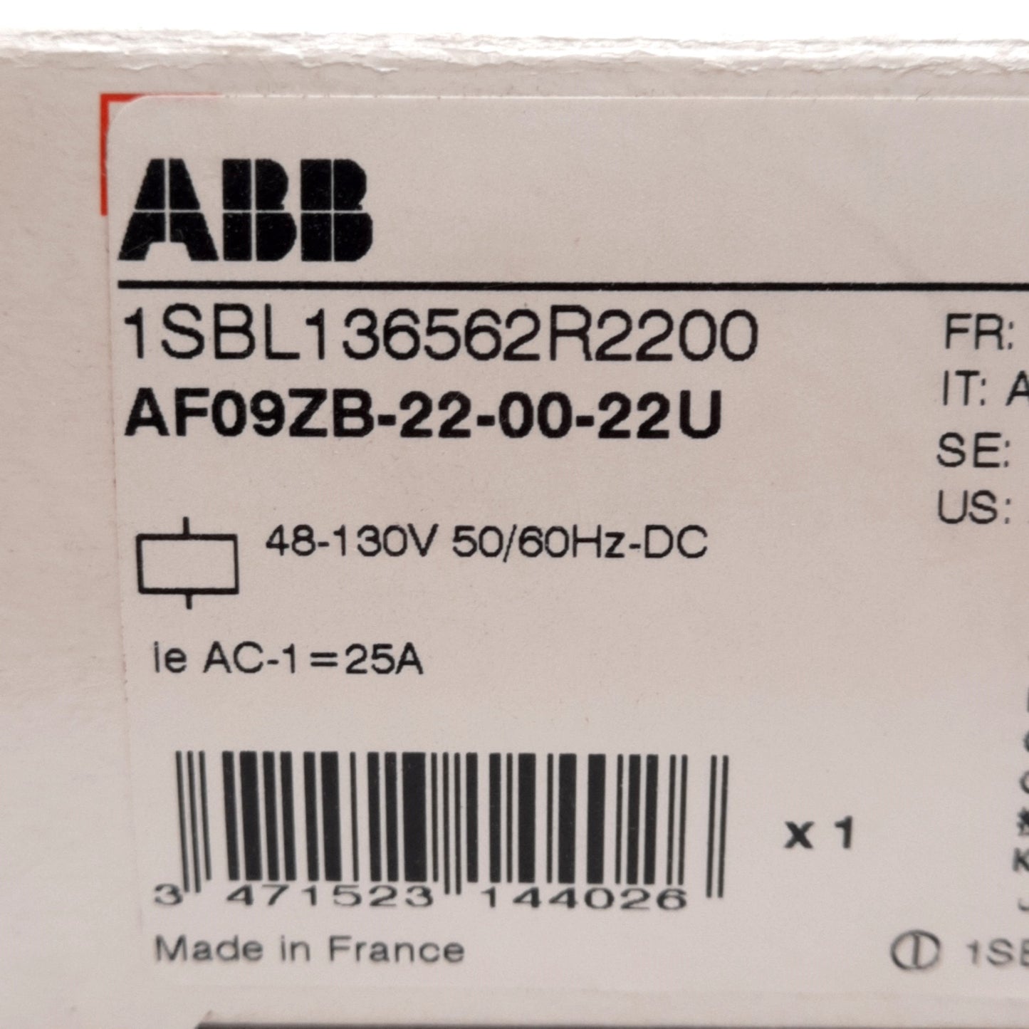 New ABB AF09ZB-22-00-22U Contactor, 4-Pole, 690VAC 25A, 48-130VAC/DC Coil, DIN Rail
