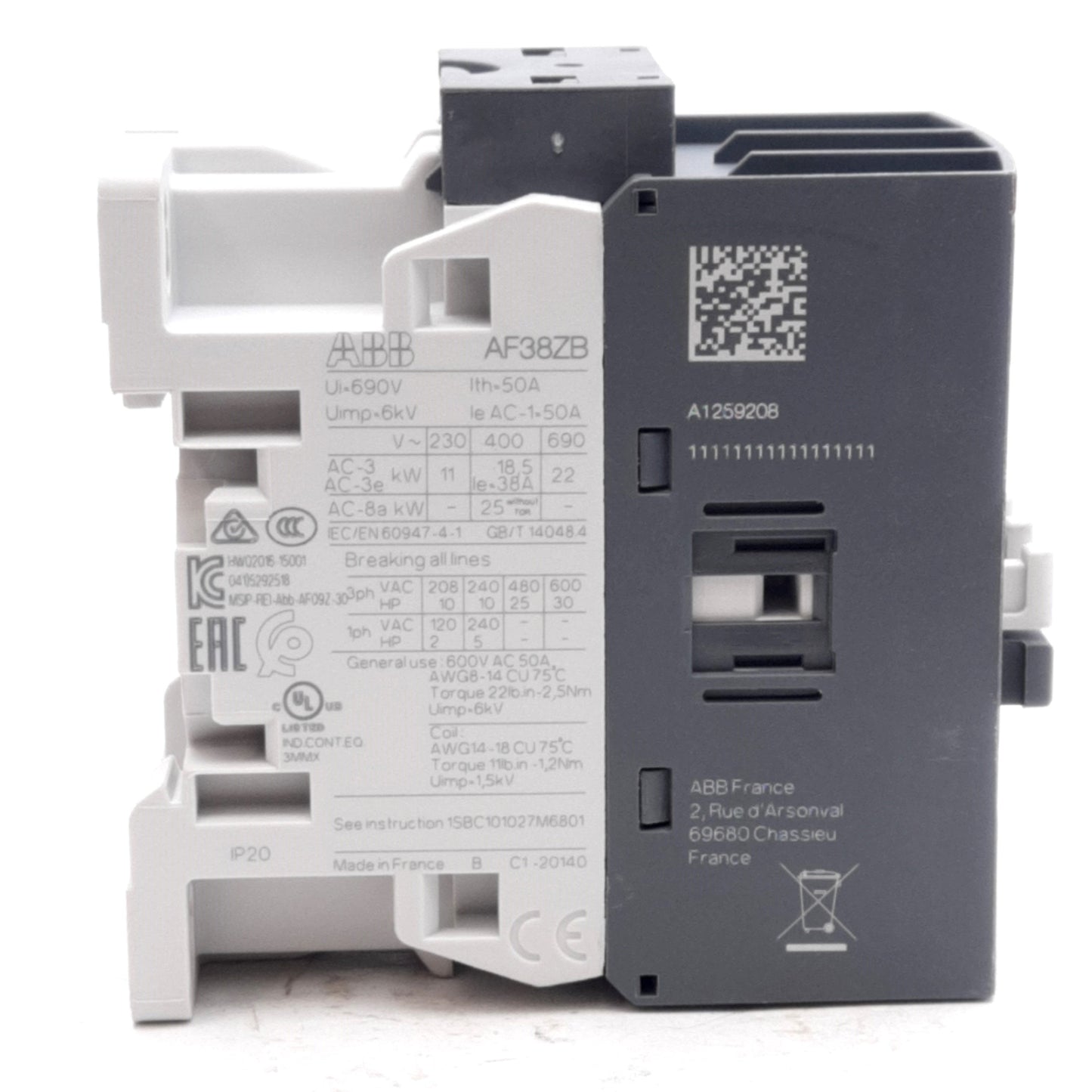 New ABB AF38ZB-30-00-22U Contactor, 3-Pole, 690VAC 50A, 48-130VAC/DC Coil, DIN Rail