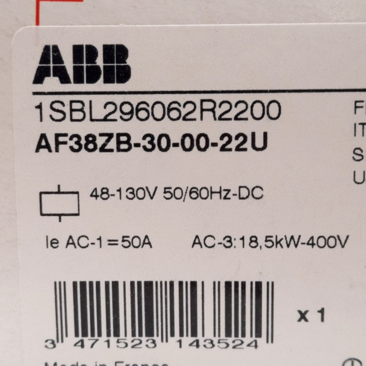 New ABB AF38ZB-30-00-22U Contactor, 3-Pole, 690VAC 50A, 48-130VAC/DC Coil, DIN Rail