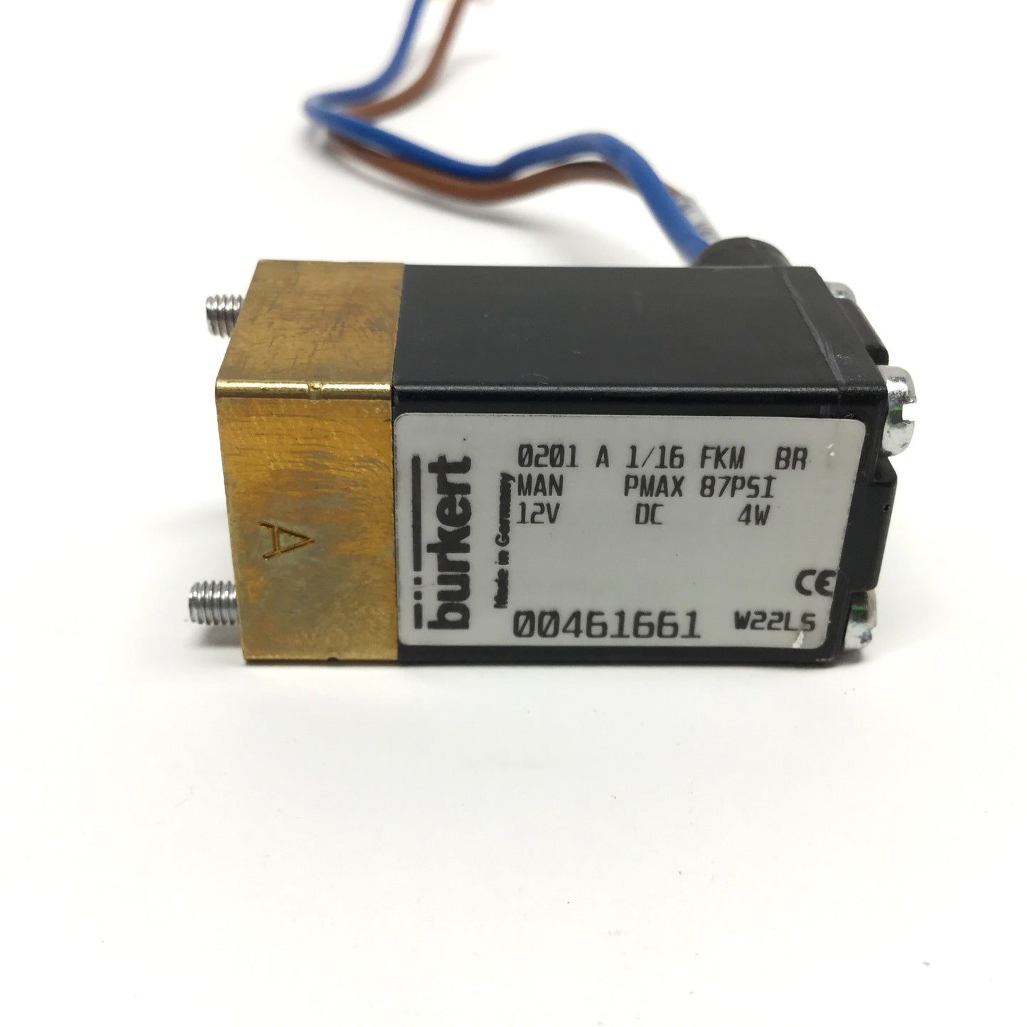 Used Burkert 0201 A 1/16 FKM BR 2-Way Solenoid Plunger Valve, 12VDC Coil, 0-87psi