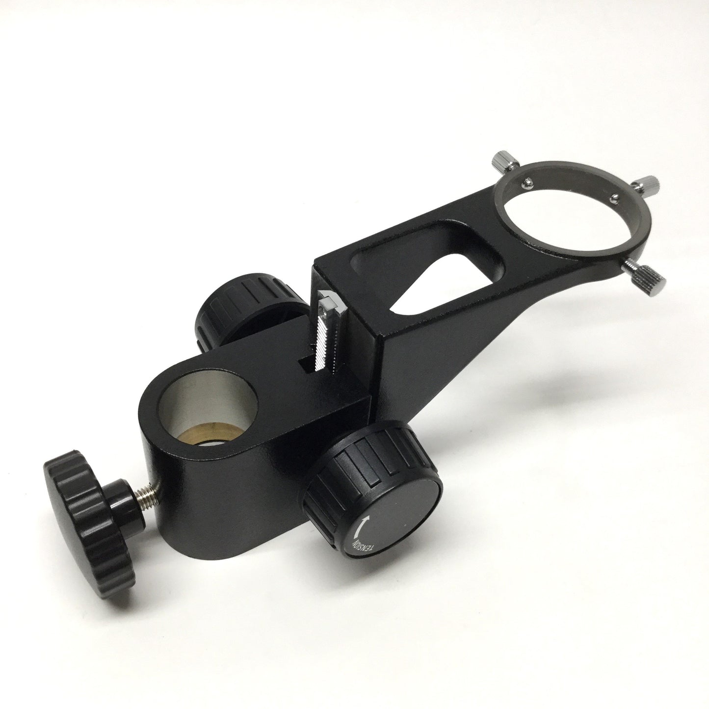 Used Adjustable Microscope Focus Mount Ring 50mm ID Yoke, 40mm Rack Travel, 24mm Bore