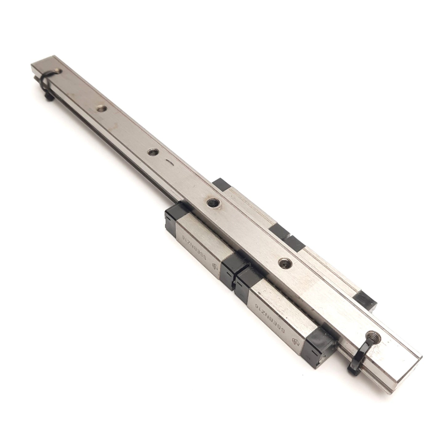 Used Misumi SSEBNZ16 Linear Guide Rail W/ 2x Linear Blocks, 9in Rail Length