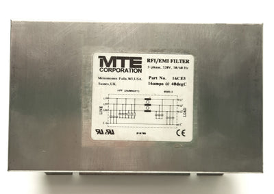 Used MTE 16CE5 3-Phase EMI/EMC Power Line Filter 520VAC 16A 50/60Hz